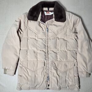 Vintage 70s Comfy Down Insulated Western Puffer Jacket - Tan / Faux Fur Collar